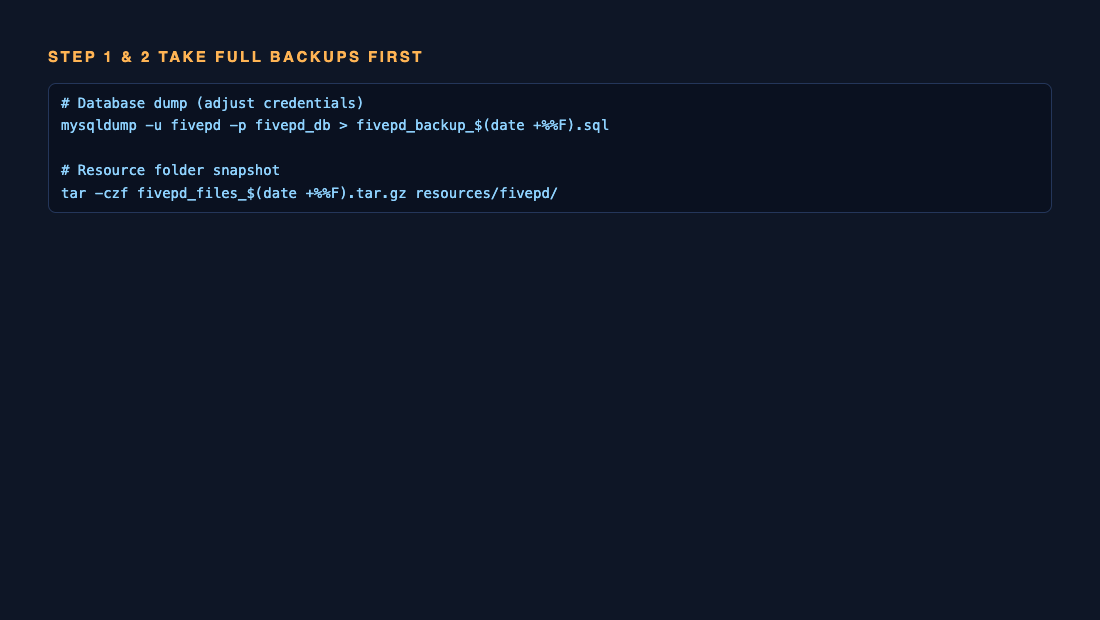 Terminal commands for backing up a FivePD MySQL database with mysqldump and archiving the resource folder with tar